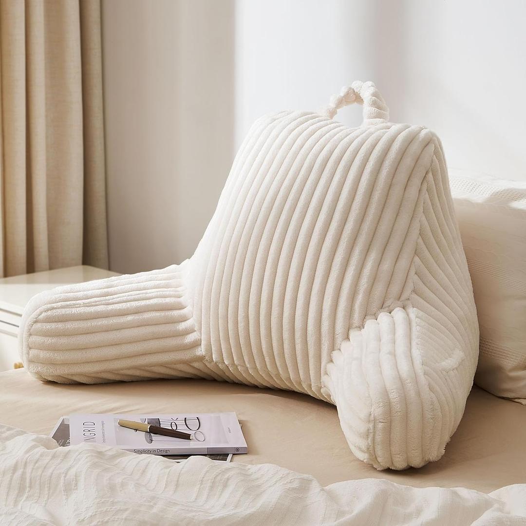 Blissful Diary Reading Pillow for Sitting in Bed, Large Flannel Back Pillow Bed Sitting Up for Adult & Children, Backrest Cushion for Sit Up in Couch or Floor, Dorm Essentials, Cream White