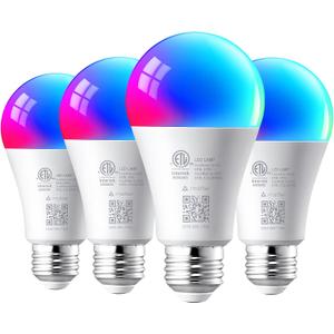 EDISHINE Christmas Light Bulb, Smart Bulbs Work with Apple Home/Alexa/Google Home/SmartThings, RGBTW Color Changing Light Bulb for Christmas Decor, 2.4GHz WiFi Bulb, 800LM 9W, A19, E26, 4PCS