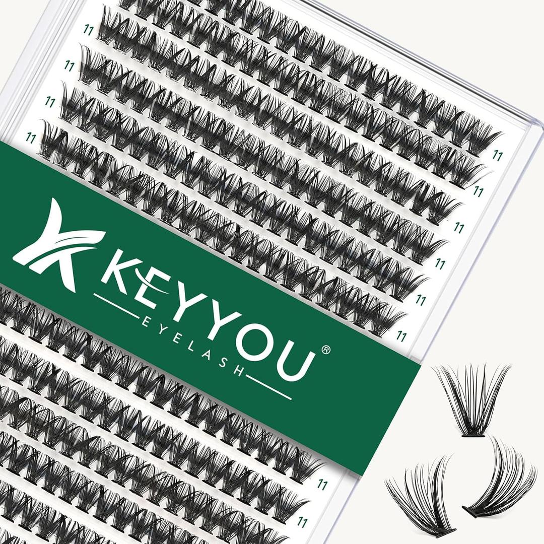 KEYYOU Lash Clusters 300pcs Individual Lashes, 40D 0.07C Curl 11mm DIY Eyelash Extension, Soft & Natural Volume Cluster Lashes with Large Tray