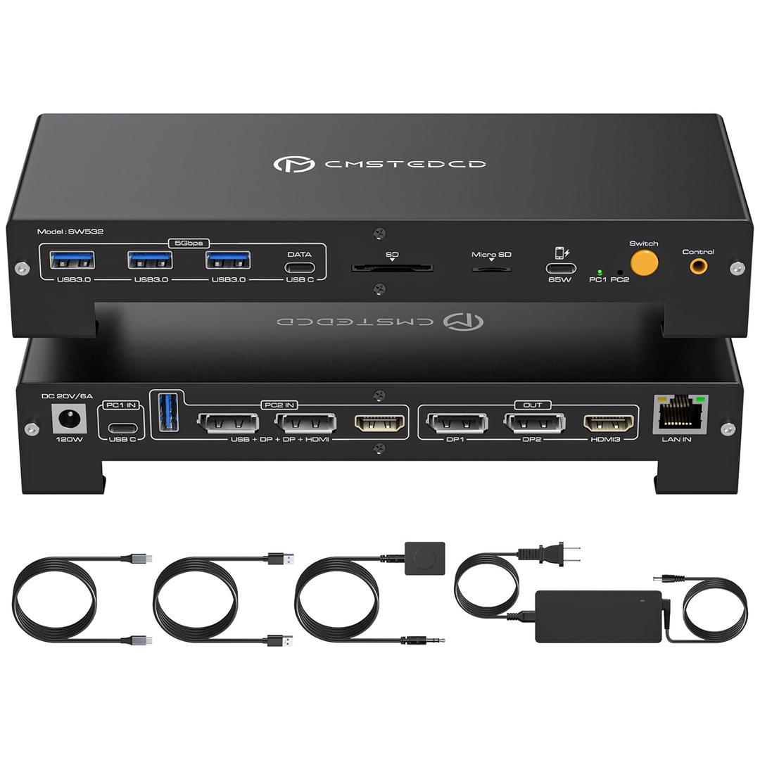 USB C KVM Docking Station Switch 3 Montors 2 Computers with 100W PD Supply Hybrid Displayport and HDMI KVM Triple 4K60Hz or Dual 4K144Hz Extended Display for Laptop and PC Share 15 in 1 Dock