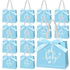 Spakon 25 Packs Baby Shower Favors for Guests Oh Baby Gifts Bag with Handles Paper Goodie Gift Bags with Ribbon for Newborn Gender Reveal Favors(Blue)