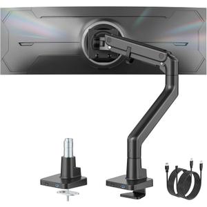 monTEK Single Monitor Arm with USB A/C, Ultrawide Monitor Stand for 17 to 57 Inch Curved Screen, Holds 59.4 lbs, Adjustable Gas Spring Arm, 75/100 VESA Mount, Clamp & Grommet Desk Mount, Black