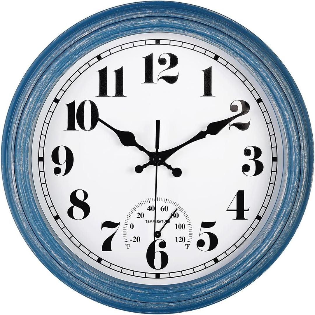 JENLYSTIME 12 Inch Indoor/Outdoor Retro Waterproof Wall Clock with Thermometer Silent Round Quartz Battery Operated Easy to Read Decorative for Kitchen Patio,Bathroom,Deck,Porch,Pool (Blue)