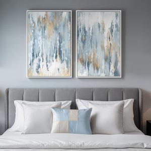 White Framed Blue and Gold Abstract Canvas Wall Art for Bedroom, Set of 2 Modern Minimalist Art Prints Paintings Artwork for Walls, Glitter Pictures for Living Room, Dining Room Wall Decor 16x24 In