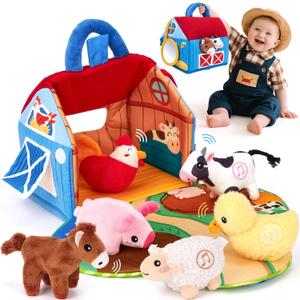 hahaland Baby Toys 6-12 Months - Surprise Barn with Stuffed Farm Animals with Real Sounds, Mirror- Montessori Toys for 6 Month Old Baby 1 Year Old Boy Girl Gifts Toddlers Sensory Toy