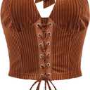 Verdusa Women's Sleeveless Halter Neck Lace Up Front Tie Back Crop Top Rust Brown XS