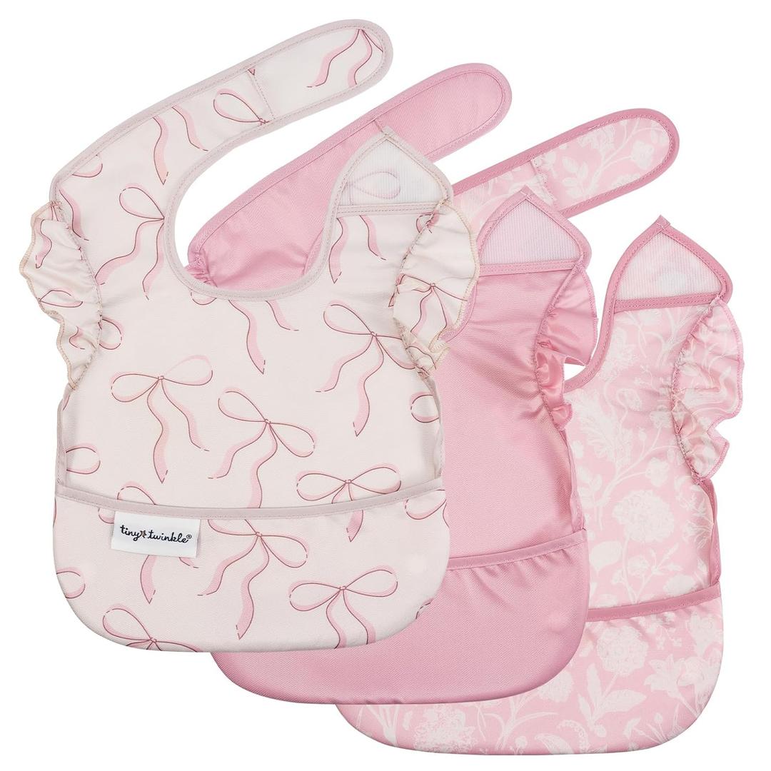 Tiny Twinkle Mess-Proof Baby Bibs for Eating | Waterproof, Wipeable Toddler Bibs with Catch-All Pocket | Feeding Bibs for Girls & Boys (3 Pack,Toile,Bows)