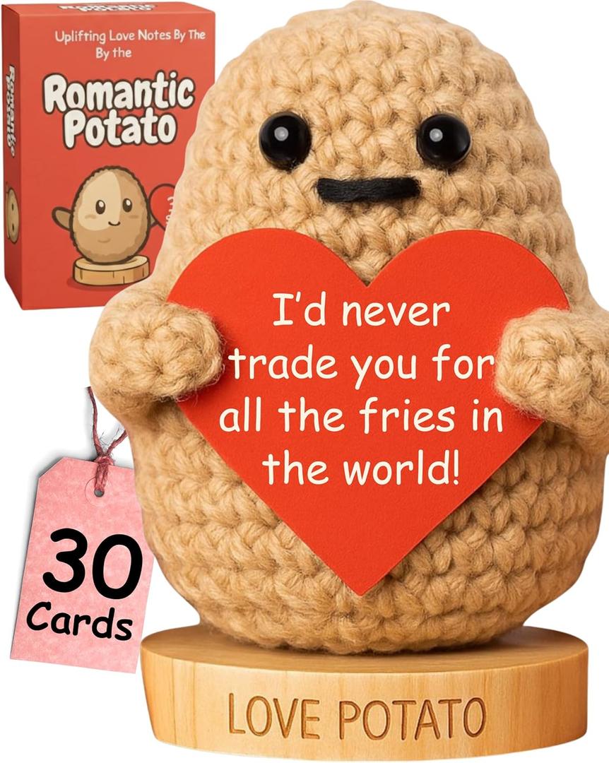 Gift for Him and Her - Handmade Crochet Potato with 30 Fun & Romantic Signs | Cute Present for Birthday, Valentines Day, Anniversary, Gifts for Girlfriend, Boyfriend, Wife, Husband | Anniversary Cards