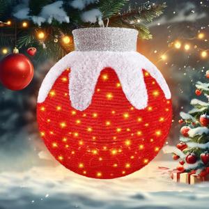 Outdoor Hanging Christmas Ornaments, Lighted Pop-Up Hanging Outdoor Holiday Ball Decoration, 8 Light Modes, Lighted Collapsible Holiday Decorations (Red)