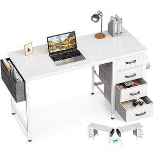 Casaottima 40-Inch Small Computer Desk with 4 Fabric Drawers  Home Office Desks with Storage, Writing Desk with Side Hook and Cloth Bag, Modern Study/Work Table for Bedroom and Small Space, White