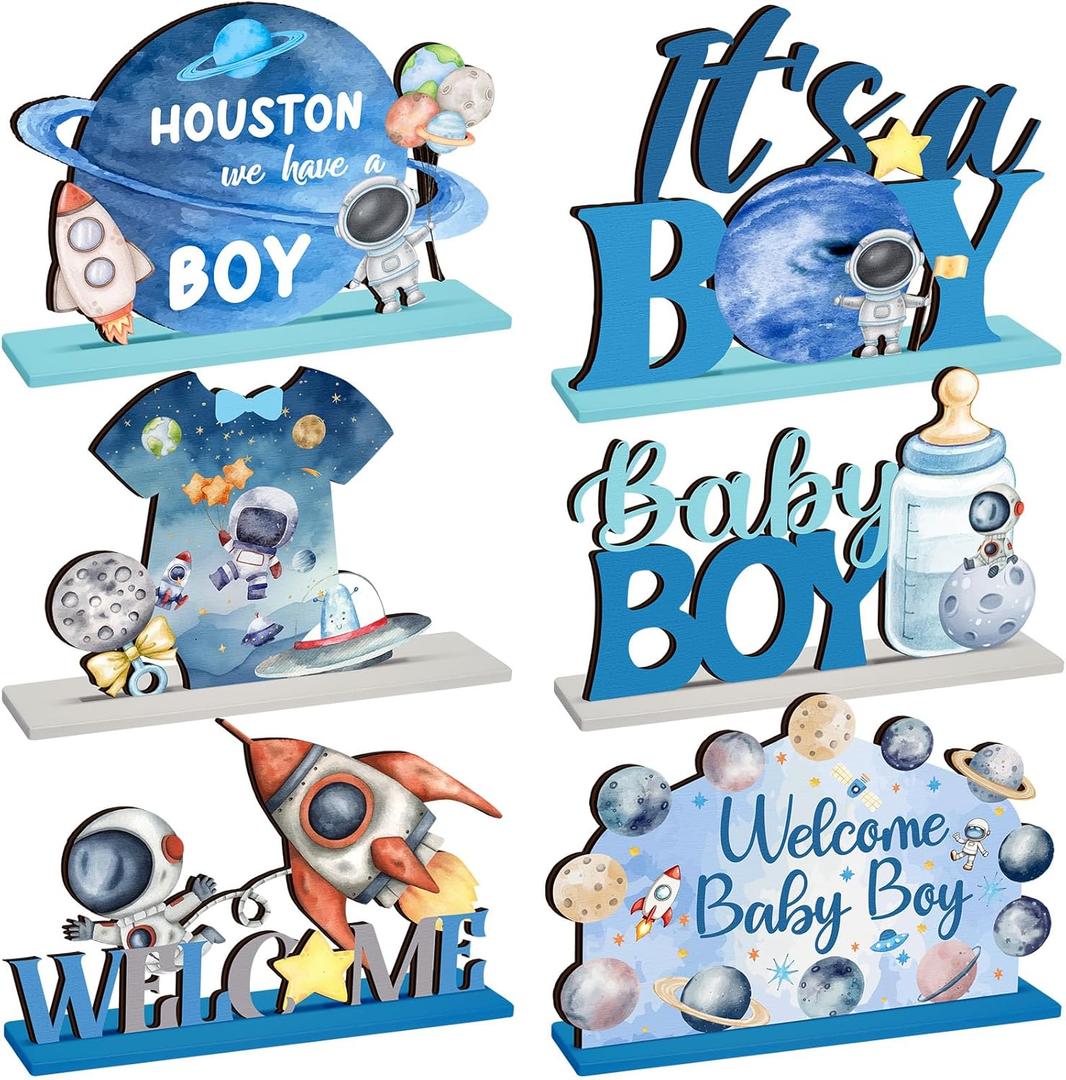 Realspring 6 Pcs Space Baby Shower Wooden Table Decorations for Boy Themed Planet Astronaut Space Party Centerpieces Sign Home Decoration for It's a Boy Baby Shower Birthday Party Supplies