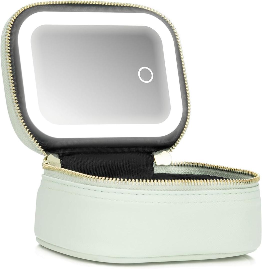 Mini Makeup Bag with Led Mirror, Small Travel Make up Bag 3 Light Modes Adjustable Brightness, for Women Organizer Cosmetic Bag, Portable Travel Train Toiletry Bag, for Pool Parties Work Touch-Ups (Mint Green)