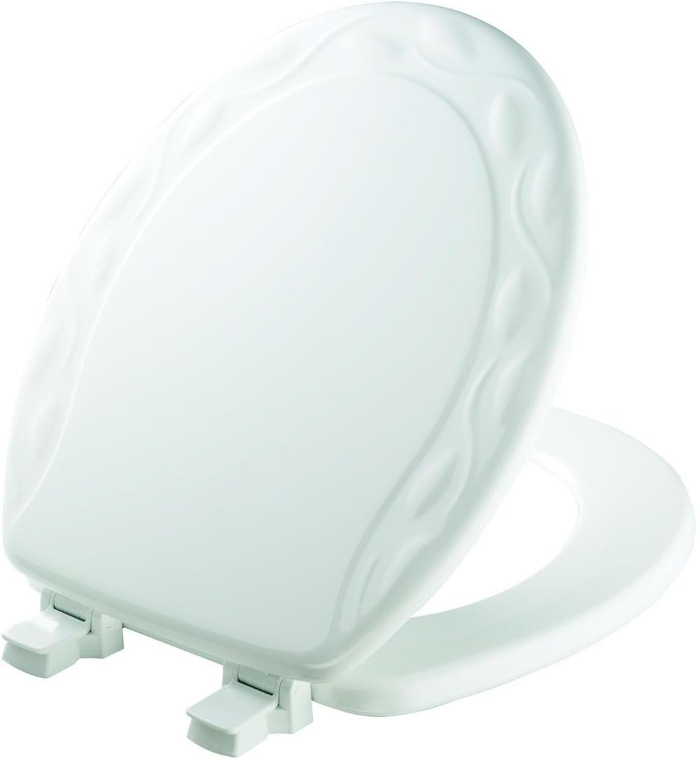 Mayfair Sculptured Ivy Toilet Seat, Easy Clean Hinges with Durable Wood Seat, Made in USA, Round, White