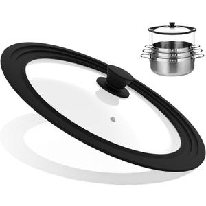 Universal Lid for Pots, Pans and Skillets Vented Tempered Glass with Heat Resistant Silicone Rim, Fits 6 inch, 7 inch, 8 inch Cookware, Replacement Lid, Black