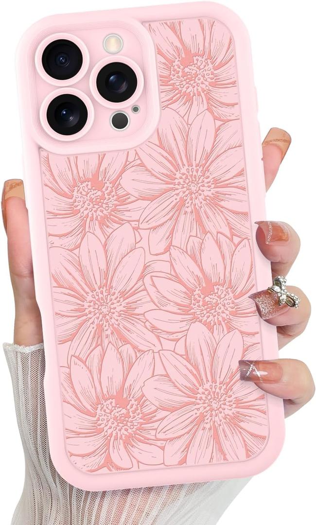MZELQ for iPhone 16 Pro Max Case, Silicone Sunflower Floral Flower Cute Pattern, Camera Protection Soft Slim Shockproof for Girls Women -Pink