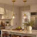 Gold Pendant Light, 7 Inch Clear Glass Farmhouse Hanging Fixture, Adjustable Height & Sloped Ceiling Compatible for Kitchen Island Dining Room Entryway Bedroom Hallway, 2 Pack