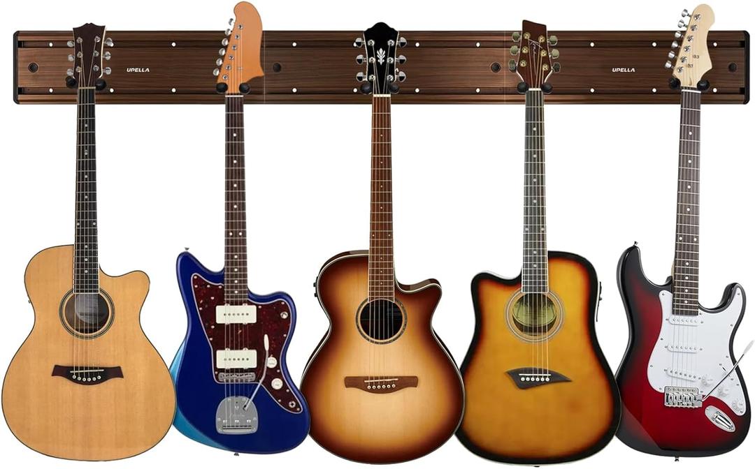 Guitar Wall Mount Hangers, Holds Multi Guitars, Aluminum Metal Guitar Stand Bass Holder, Wood Grain Base Plate Rack, Adjustable Instruments Display Set for Ukulele Banjo (W48.7in, 5 Hangers)