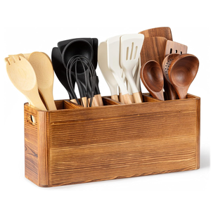 Extra Large Farmhouse Utensil Holder for Kitchen Counter, Large Wooden Utensil Holder with 4 Compartments