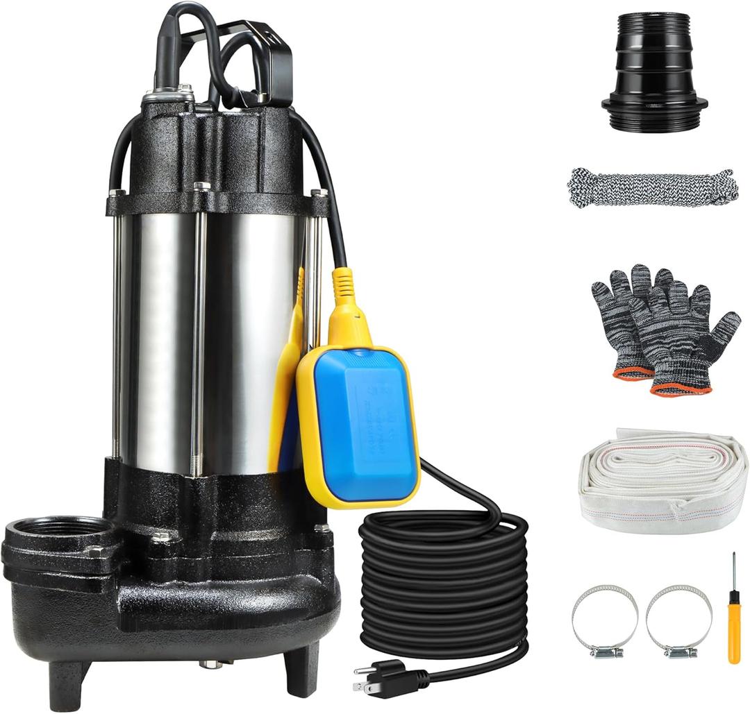 1HP Sewage Grinder Sump Pump, Submersible Effluent Pumps 110V 6400 GPH Auto Float Switch, Cast Iron, 2'' NPT Discharge for Basement, Sump Basin, Residential Sewage