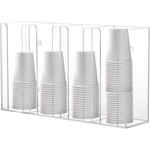4-Compartment Acrylic Cup Dispenser, White Cup and Lid Holder for Counter, 16.5 * 4.1 * 9.4 inches,Wall-Mounted Cup Organizer, Clear Desktop Cup Storage Holder or Kitchen, Coffee, Bar