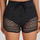 Women's Lace High Waisted Swim Shorts Boy Shorts Bathing Suit Bottoms Bikini Board Shorts Swimsuit (Black, XXL)