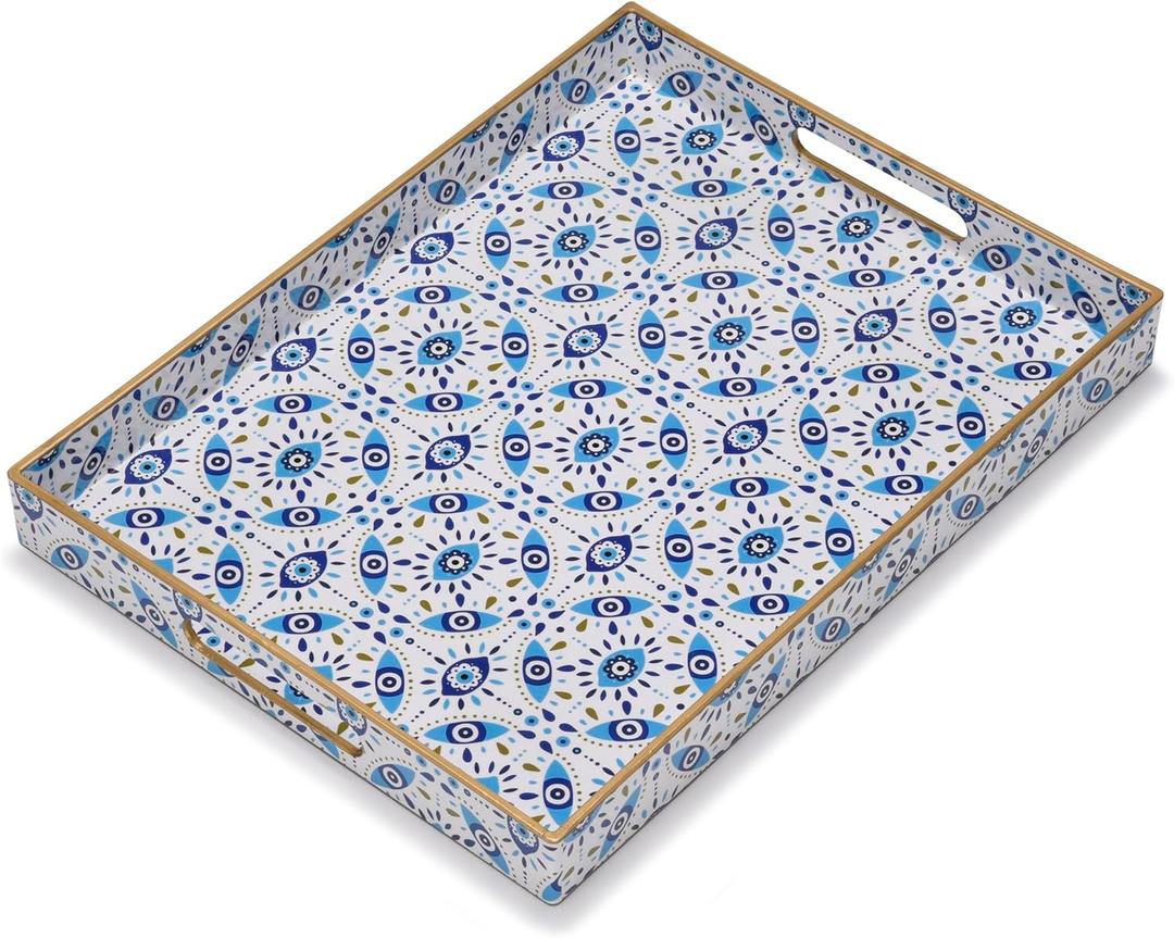 Evil Eye Rectangular Serving Tray with Handles  Plastic Decorative Trays for Coffee Table for Ottoman, Bathroom, Kitchen and Living Room, 15.7" L x 11.8" W x 1.57" H (Rectangular)