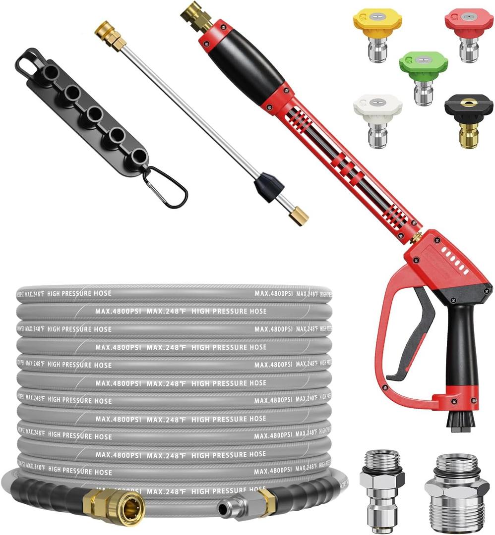 Pressure Washer Gun and Hose Kit, 4800PSI Steel-Braided & Durable - Flexible & Kink-Resistant Power Washer Hose 25 FT with 3/8" Swivel Quick Connector and M22 14mm Adapters Replacement