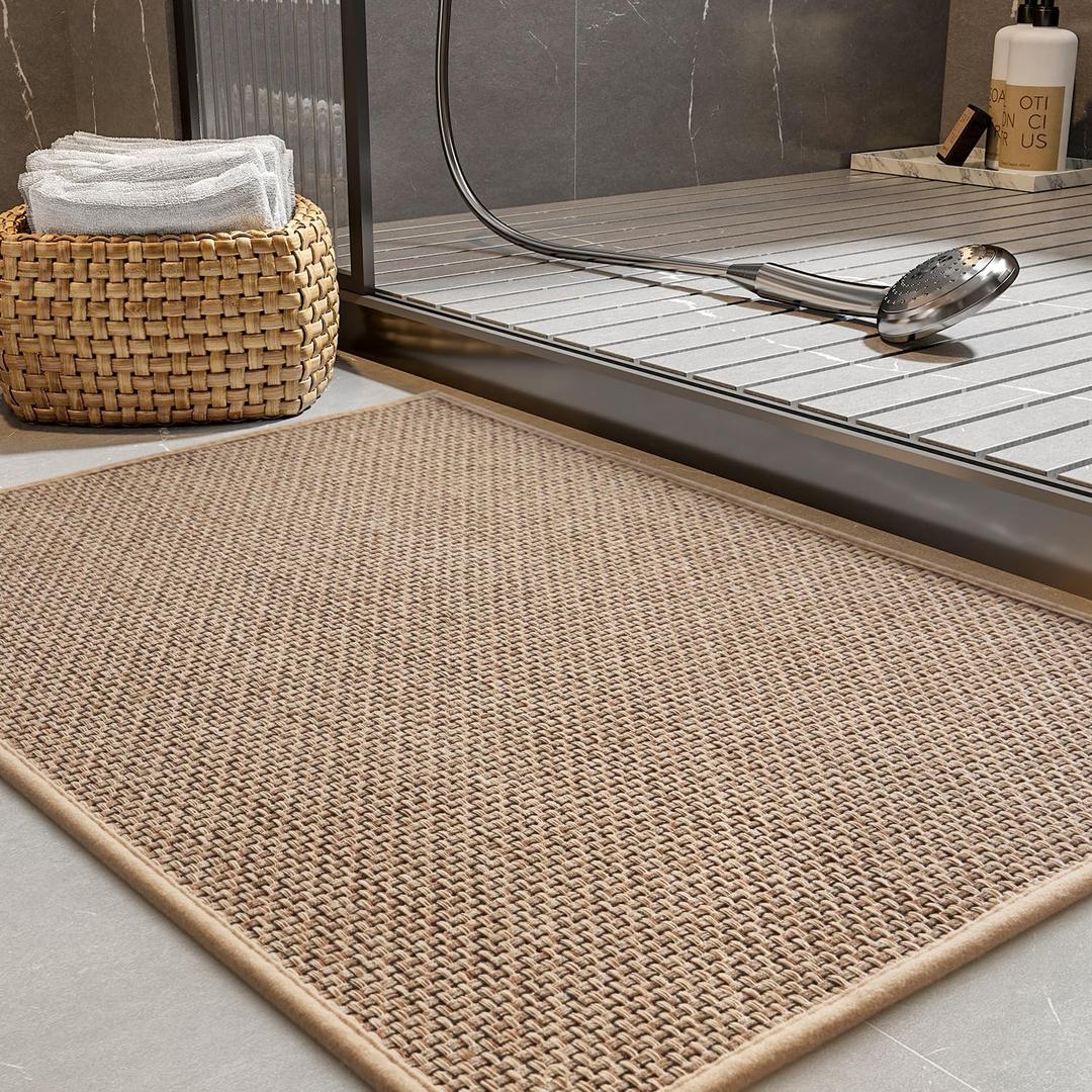PADOOR Non-Slip Bath Mat With Rubber-Backing, Braided Absorbent Machine Washable Thin Rug for Bathroom Floor, Quick Dry, Fits Under Door, 17''x24'' Brown