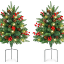 Set of 2 Outdoor Christmas Tree with Lights Small Planter Bushes Battery Operated Artifical Urn Filler Outside Christmas Decorations for Front Porch,Yard,Pathway