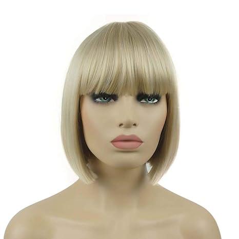 Straight Short Bob Hair Flat Bangs Cute Central Dot Skin Top Heat Resistant Synthetic Wigs, Blonde
