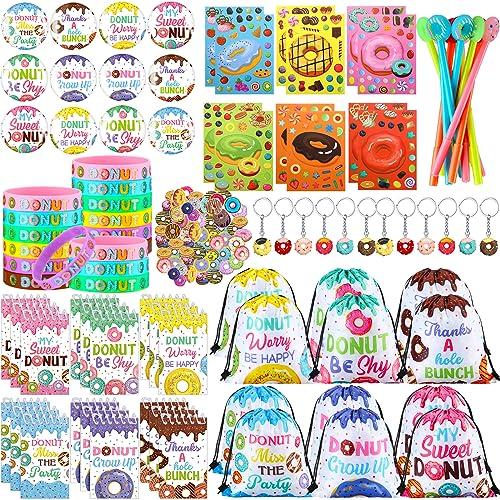Paterr 140 Pcs Donut Party Favors Doughnut Birthday Party Decorations Candy Donut Gift Supplies Goodie Bag Keychain Sticker Wristband Mini Notebook Gel Ink Pen Badge for Boy Girl Classroom Prize