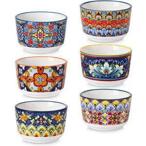 vancasso 4 Oz Ramekins Oven Safe Set of 6, Bohemian Creme Brulee Ramekins, Colorful Souffle Dishes, Pudding Custard Cups for Baking, Small Ceramic Bowls for Dipping Sauce, Ice Cream