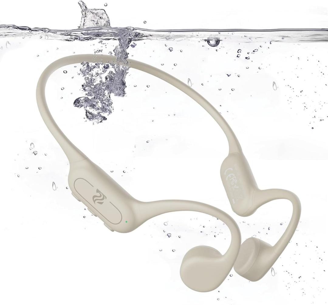 Bone Conduction Headphones IPX8 Waterproof Swimming Headphones Open Ear Headphones with MP3 Mode 32GB Memory 8H Playtime Bluetooth 5.4 Ear Buds Secure Fit for Running and Fitness (Apricot)