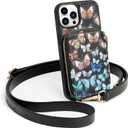 ZVE for iPhone 13 Pro Max Crossbody Case Butterfly Design(6.7 inch), Zipper Phone Case with RFID Blocking Card Holder Wrist Strap Purse Cover for iPhone 13 Pro Max, 6.7"-Colorful Butterfly