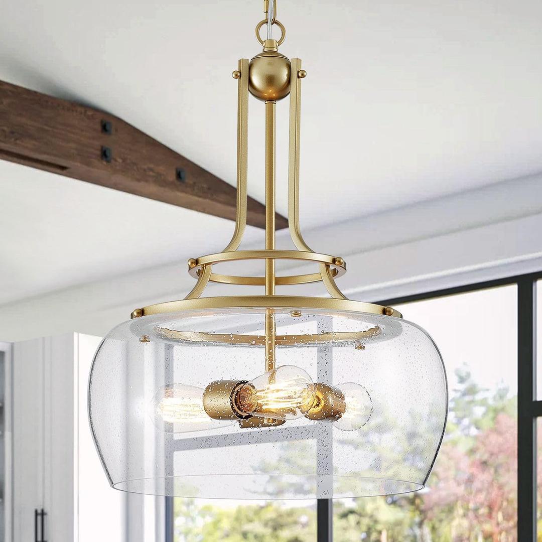 WUZUPS Chandelier Rustic Farmhouse Industrial Round Ceiling Pendant LED Light Fixture Clear Seeded Glass Shade for Dining Room Kitchen Island Foyer Entryway, H 20.9" x W 15.9", Gold (Pendant Light, Gold, 3-Light)