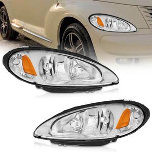 WEELMOTO Headlights for 2001-2005 Chrysler PT Cruiser Compatible with 2001 2002 2003 2004 2005 Chrysler PT Cruiser Replacement Automotive Headlight Assemblies Chrome Housing Amber Reflector