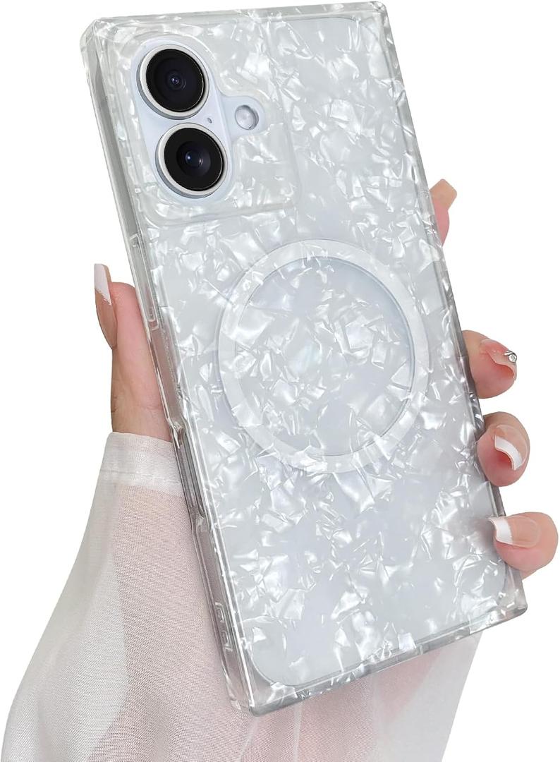 Rectangle Case for iPhone 17 Case for Women Girls [Compatible with Magsafe] Cute Translucent Pearl Pattern Design, Aesthetic Girly Magnetic Protective Phone Cover, White