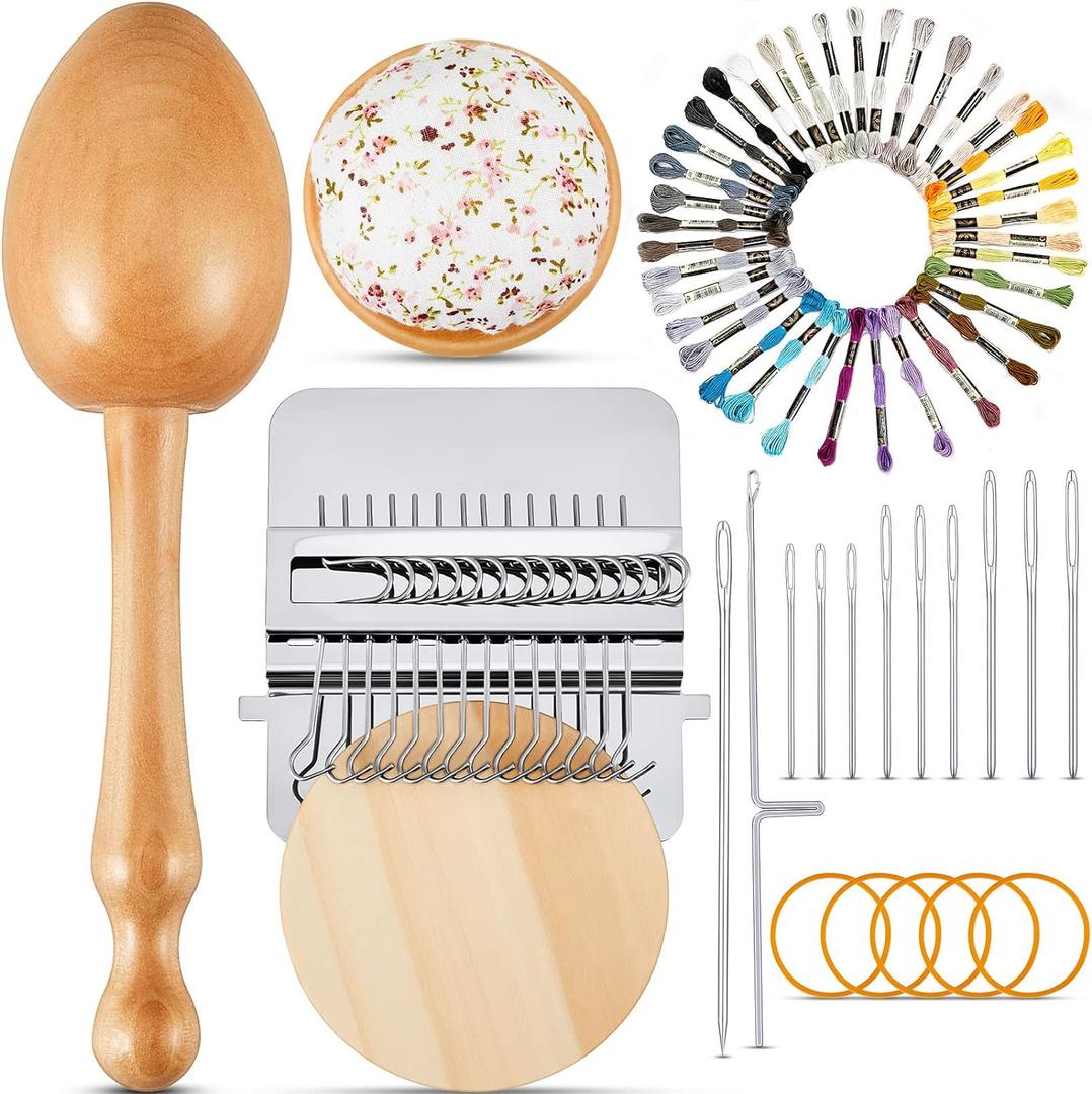 Jexine Mini Darning Egg for Socks 14 Hooks Small Speedweve Style Weaving Darning Loom with 9 Pcs Large Eye Needles 50 Colors Thread for Handcraft DIY Weaving Repair Tool (Silver)