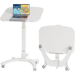 BONTEC Mobile Foldable Standing Desk, Portable Adjustable Height Desk with Gas Spring, Small Rolling Laptop Desk with Wheels for Home, Office, Bedroom, and Medical Use, 25.6" x 19.7" Desktop, White, Compact