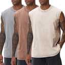 Arssm Sleeveless Shirts for Men Tank Tops Cotton Acid Wash Tees Muscle Workout Running Tank Tops (Beige, L)