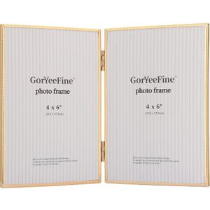 4x6 inch Double Gold Metal Picture Frame with High-Definition Tempered Glass - Thin Edge with Beading Minimalist Design, Velvet Back, Tabletop & Wall Mount