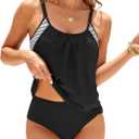 ZAFUL Two Piece Tankini Swimsuit for Women High Waisted Tummy Control Bathing Suit Double Up Tankini Set (Small, Black)