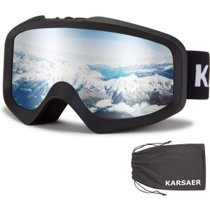 Karsaer Ski Goggles Anti-Fog Snow Goggles OTG 100% UV Protection Snowboard Goggles Bendable Dual-Lenses for Men Women Youth (Matte Black Frame Silver Mirrored Lens Vlt 25%)
