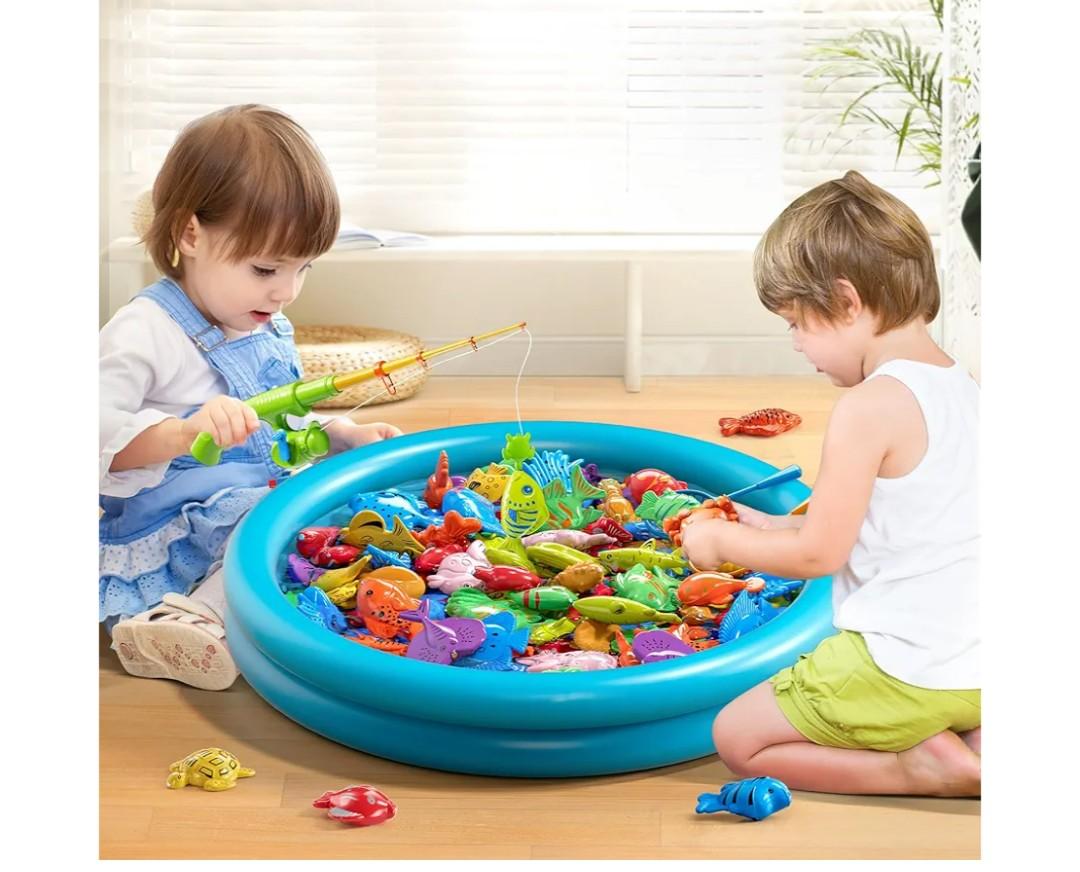 Pool Fishing Toys Games, Water Table Bathtub Toy with Inflatable Pool Pole Rod Net Plastic Floating Fish, Birthday Gifts for Kids Age 3 4 5 6 Year Old,Kids Outdoor Toys