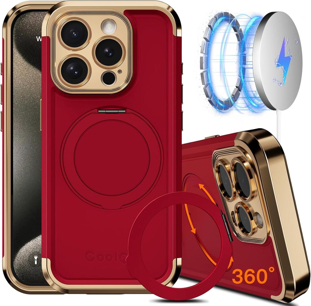 COOLQO for iPhone 14 Pro Case 6.1'' Upgraded 360 Spin Magnetic Stand [Compatible with Magsafe][Military Protection] Shockproof Protective Phone Holder Cover for iPhone 14 Pro, Red Gold