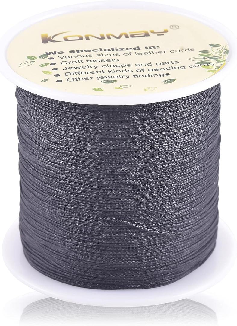 KONMAY 1 Roll 150yd Nylon Bracelet Making String, Braided 0.4mm Nylon Shamballa Macram/Beading Cord,Chinese Knotting Cord, Kumihimo Beading String, Black 900