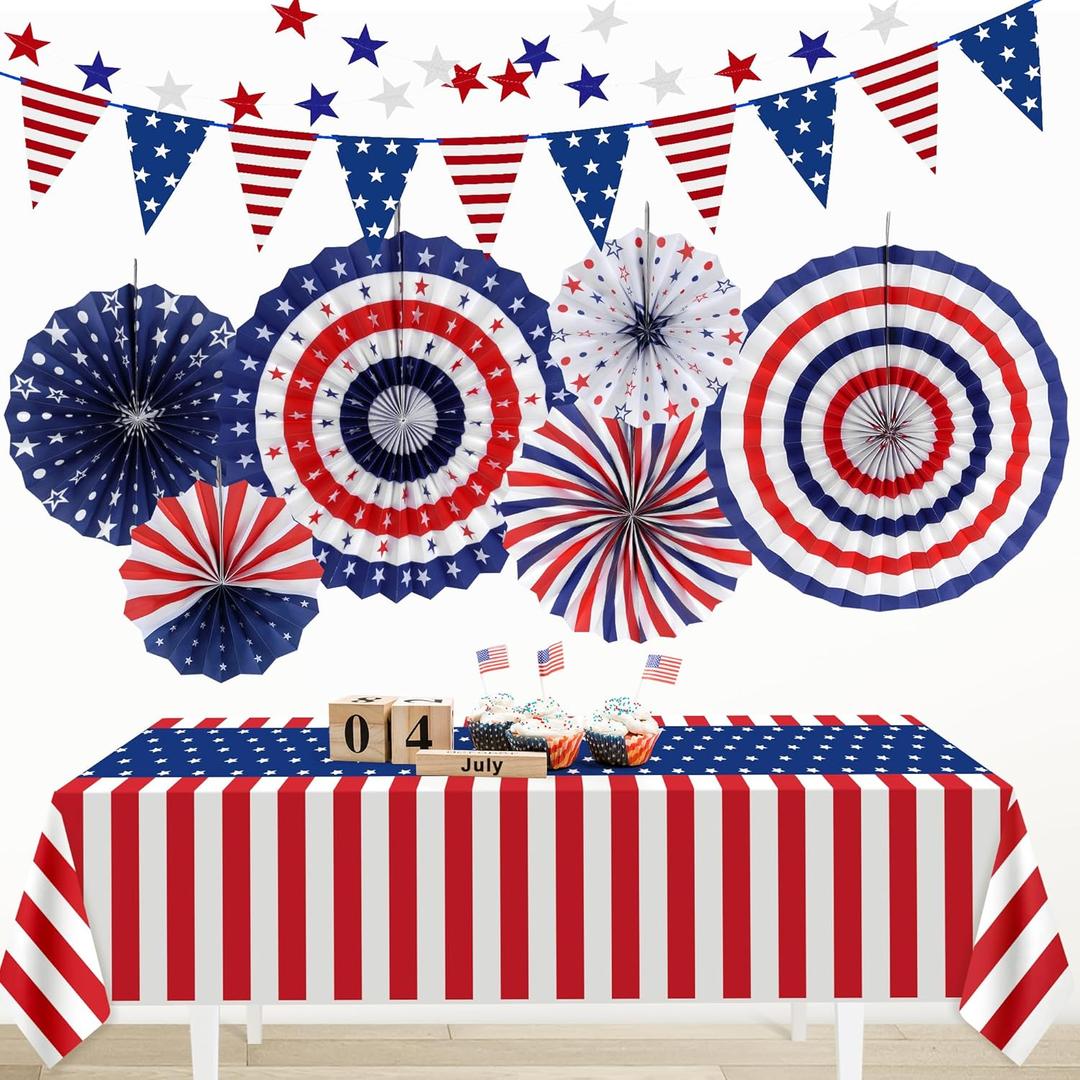 HOOSUN Patriotic 4th of July Decorations Set, 9 Pcs Red White and Blue Paper Fans, USA Pennant Bunting, Star Streamers, Patriotic Tablecloth for Fourth of July Party Supplies, Memorial Day Decor