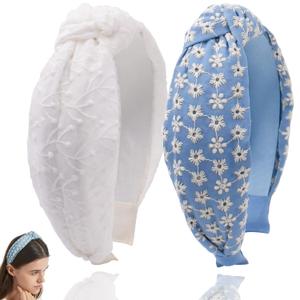 BEGOOD Headbands for Women Embroidery Knotted Headband White Hairband Fashion Top Knot Hairbands Designer Wide Head Band Girls Headbands Hair Accessories 2Pcs Vintage Floral