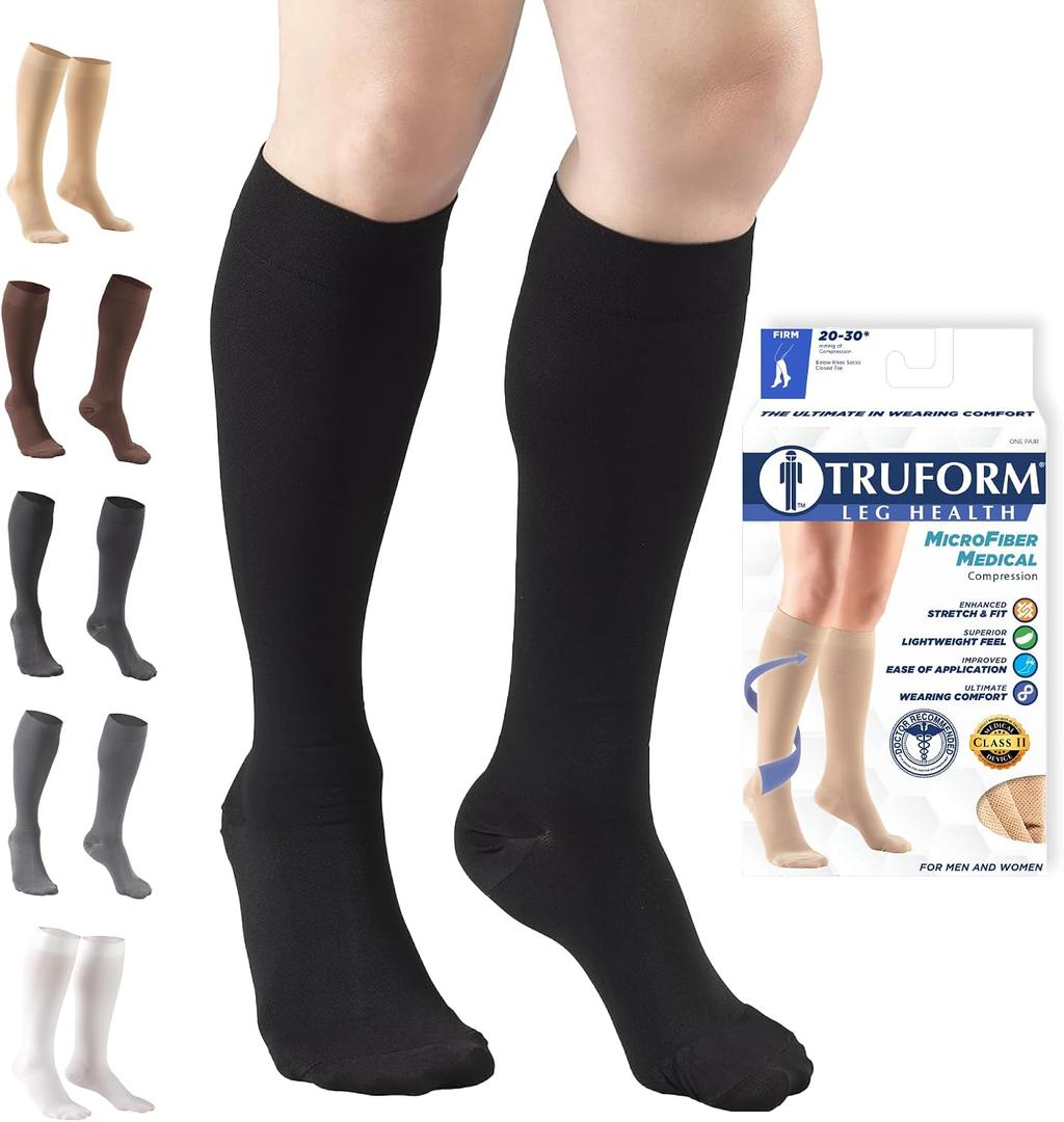 Truform 20-30 mmHg Compression Stockings for Men and Women Knee High Length Closed Toe, Black, Large