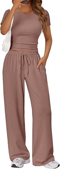 Trendy Queen Womens 2 Two Piece Set 2026 Summer Workout Vacation Gym Clothes Spring Fashion Lounge Matching Airport Travel Outfit Resort Wear Fitness Athleisure Clothing, Mauve Rose